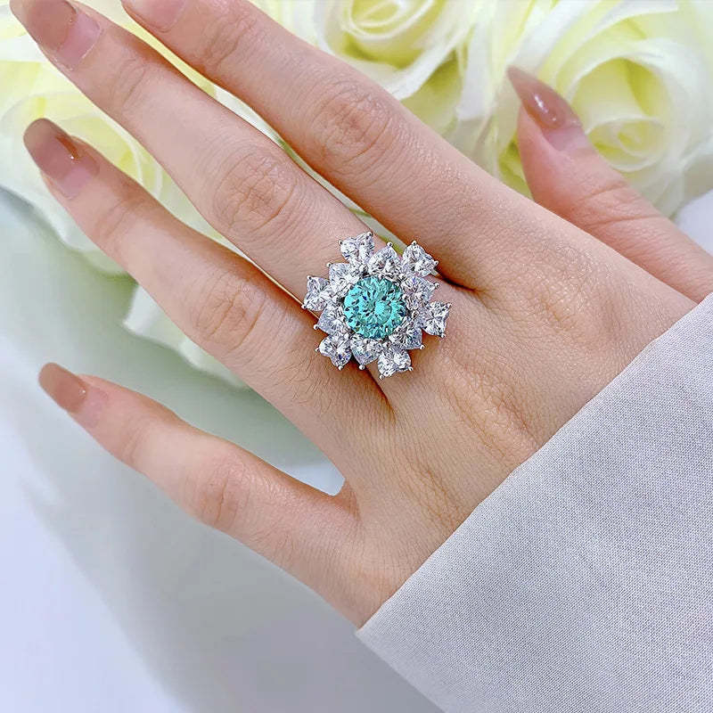 Flower Aquamarine Blue Round Cut Moissanite Diamonds 18k White Gold Plated Engagement Ring-Mix MIx Style
