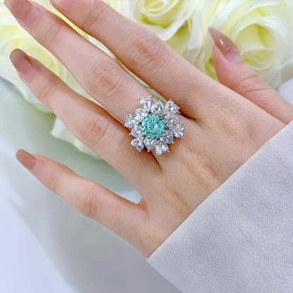Flower Aquamarine Blue Round Cut Moissanite Diamonds 18k White Gold Plated Engagement Ring-Mix MIx Style