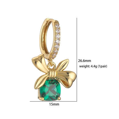 Green, Red, White Dainty Bow Cushion Cut Moissanite Diamond Pendant Elegant 18k Vermeil Gold Plated Necklace & Earrings Set | Mix Mix Style