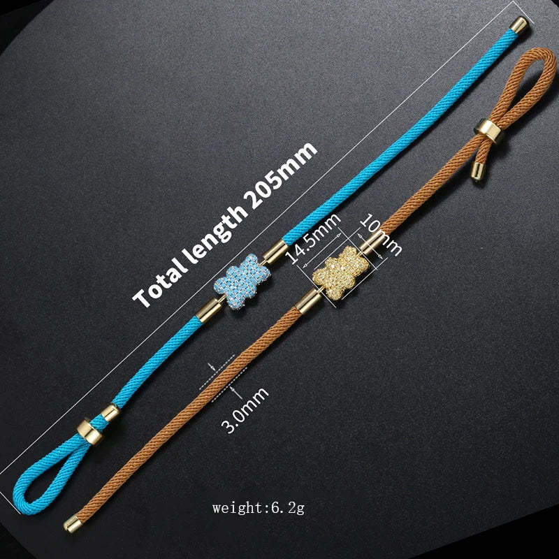 Popular Adorable Bicolor Bear Design Crystal Zircon Double Side Pendant Braided Hand Rope Bracelet Perfect Women's Jewelry Gift