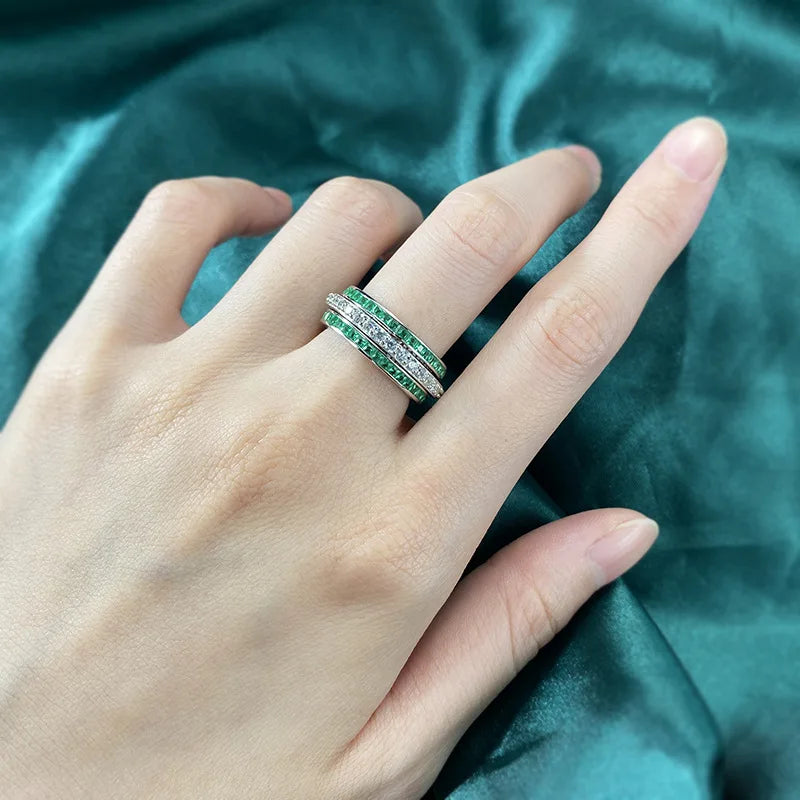 Eternity Emerald Ruby Diamond Ring 100% Real 925 Sterling Silver Party Wedding Band Rings for Women Bridal Engagement Jewelry