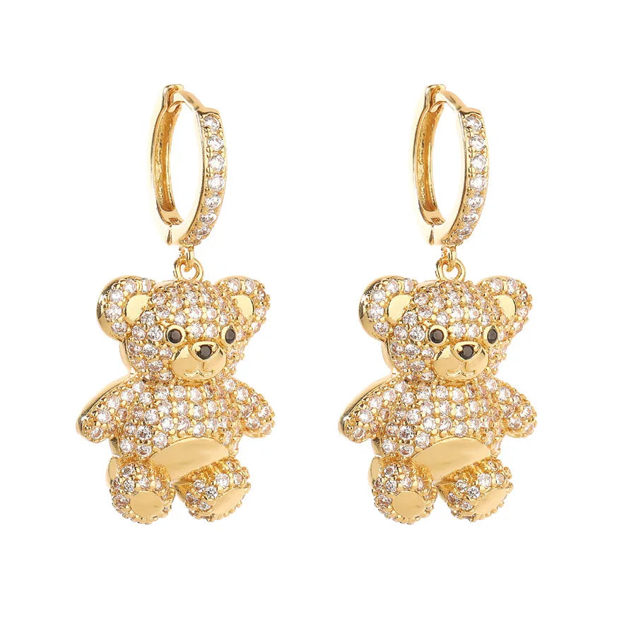 Women's Earrings Plated with 18k Gold Colored Zircon Crystal Cartoon Bear Earrings Popular Fashion Jewelry Festival Gift