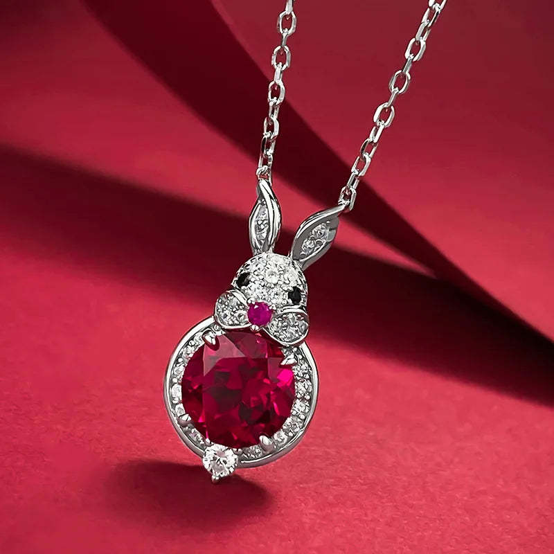 Cute Rabbit Shape Pink & White Round Cut Moissanite Diamond Pendant 18k White Gold Plated Necklace | Mix Mix Style