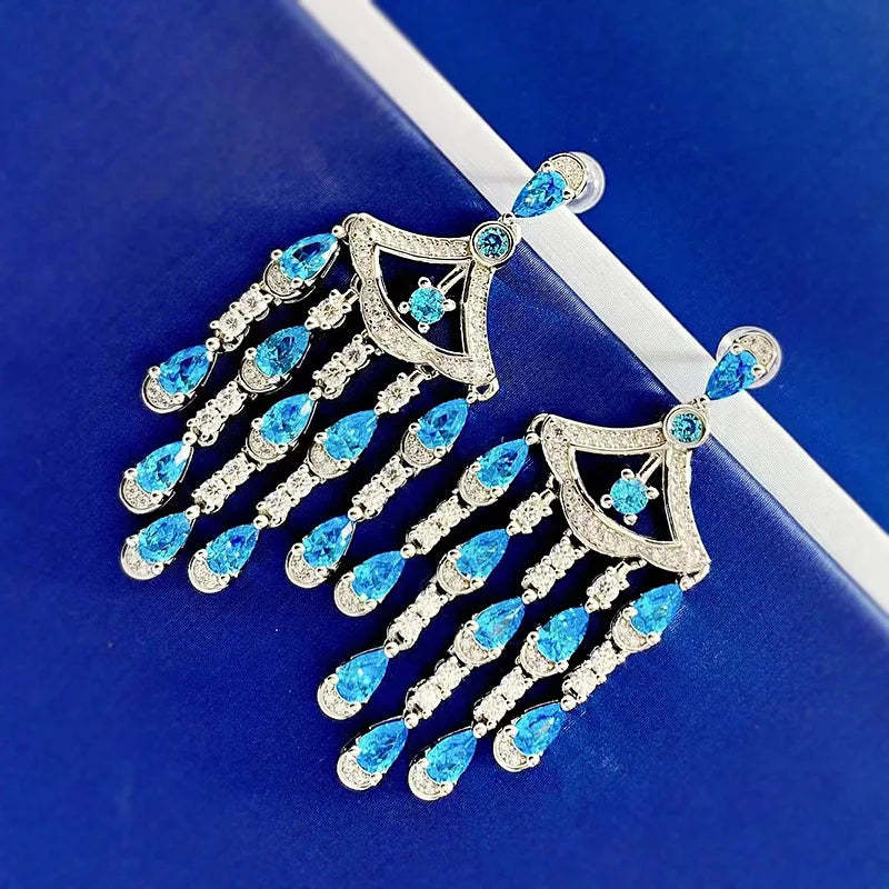 Blue & White Tassel Timeless Pear Cut Moissanite Diamond Luxury 18k White Gold Plated Drop Earrings | Mix Mix Style