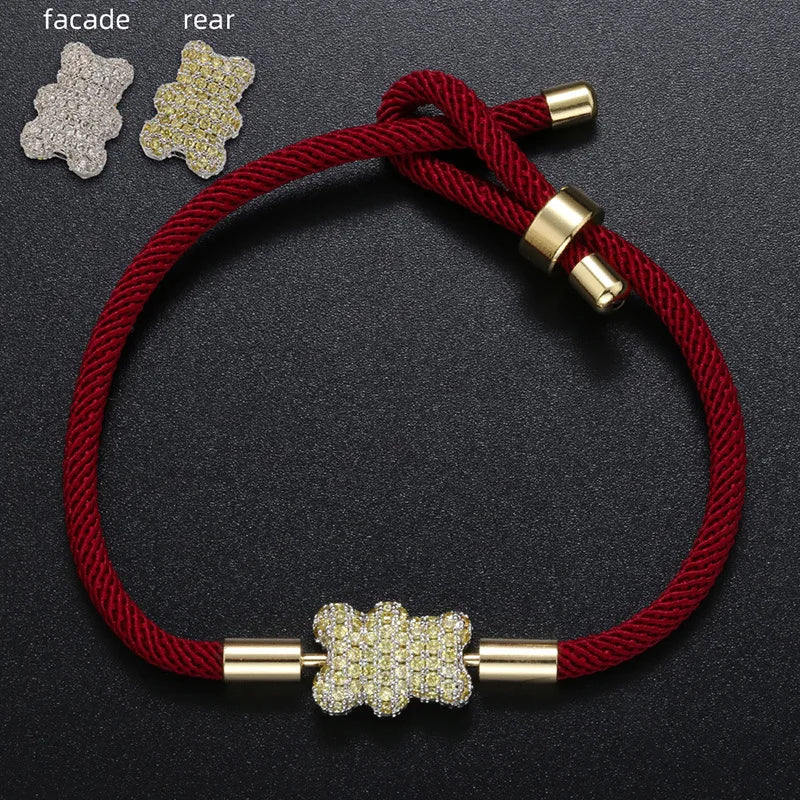 Popular Adorable Bicolor Bear Design Crystal Zircon Double Side Pendant Braided Hand Rope Bracelet Perfect Women's Jewelry Gift