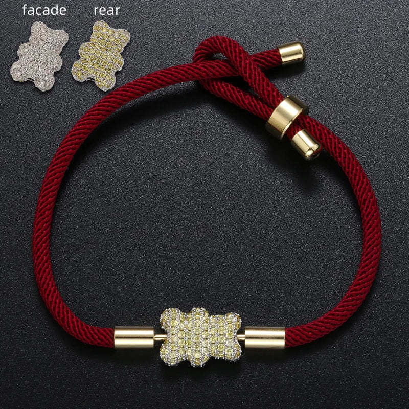 Popular Adorable Bicolor Bear Design Crystal Zircon Double Side Pendant Braided Hand Rope Bracelet Perfect Women's Jewelry Gift