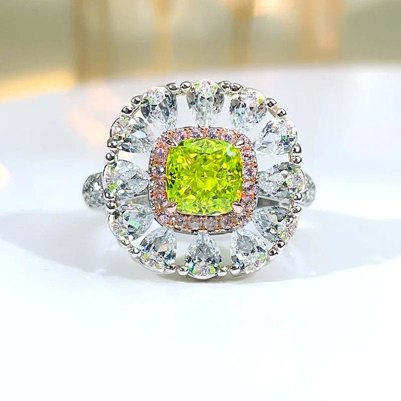 Flower Style Olive Green Cushion Cut Moissanite Diamond White Gold Plated Engagement Ring Set  | Mix Mix Style-Mix MIx Style
