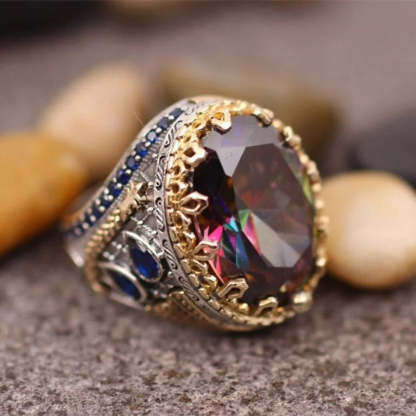 Multicolor Embellished Oval Cut Moissanite Diamond 18k White & Vermeil Gold Plated Luxurious Ring | Mix Mix Style