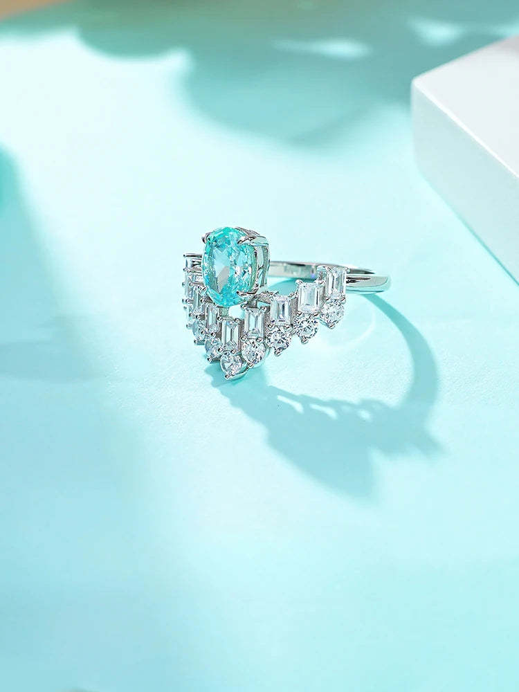 Double Row Ocean Blue Oval Cut Moissanite Diamond 18k White Gold Plated Engagement Ring-Mix MIx Style