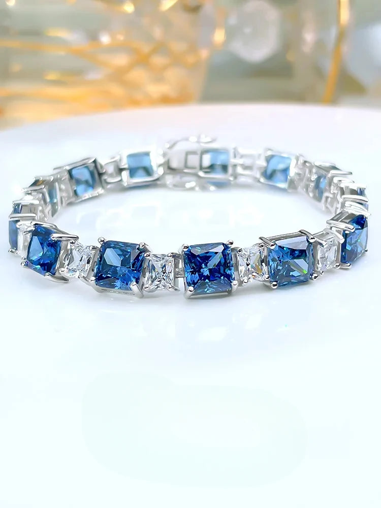Fashion Light Luxury Blue Diamond Princess Square 18k White Gold Bracelet | Mix Mix Style-Mix MIx Style
