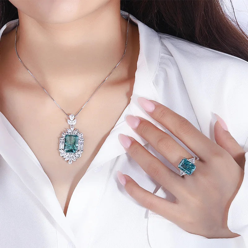 Elegant Green Emerald Pendant Luxury 18k White Gold Plated Necklace & Ring Set | Mix Mix Style-Mix MIx Style