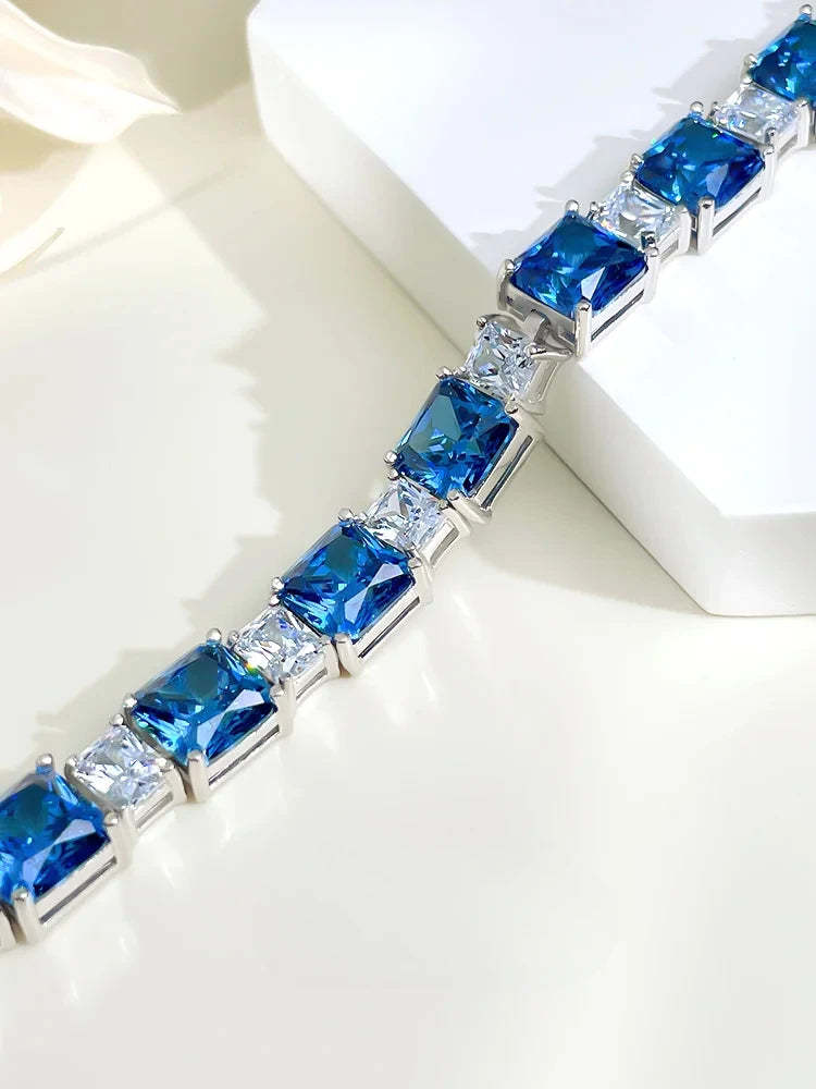 Fashion Light Luxury Blue Diamond Princess Square 18k White Gold Bracelet | Mix Mix Style-Mix MIx Style