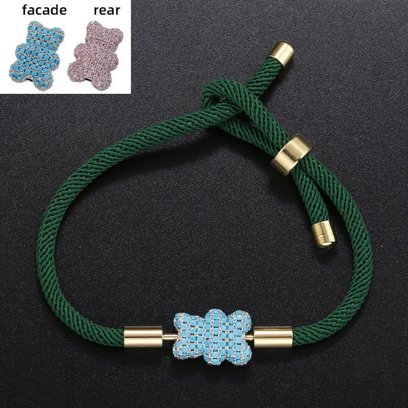 Popular Adorable Bicolor Bear Design Crystal Zircon Double Side Pendant Braided Hand Rope Bracelet Perfect Women's Jewelry Gift