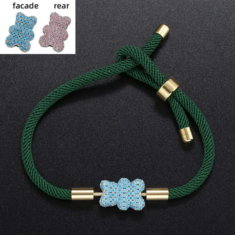 Popular Adorable Bicolor Bear Design Crystal Zircon Double Side Pendant Braided Hand Rope Bracelet Perfect Women's Jewelry Gift