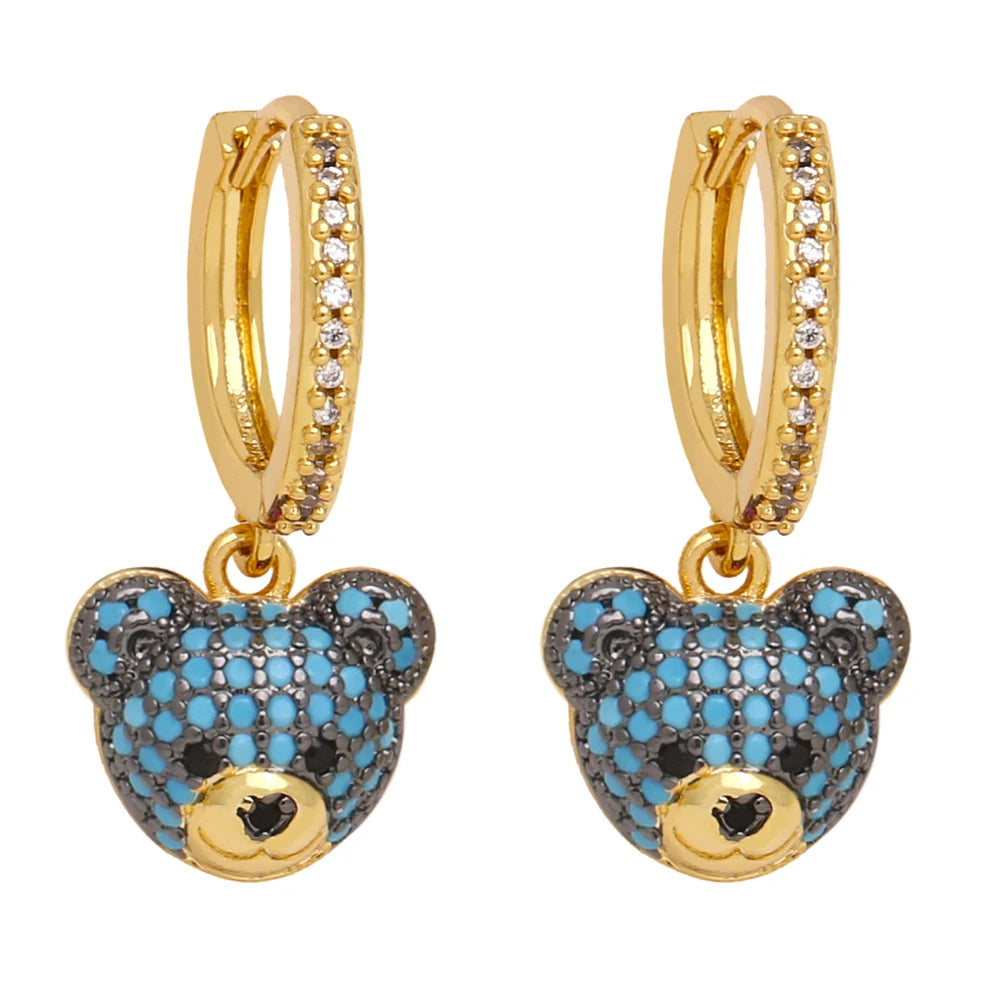 FLOLA Copper Zircon Hoops Bear Earrings for Women CZ Green Crystal Bear Dangle Earrings Gold Plated Jewelry Friends Gifts erst17