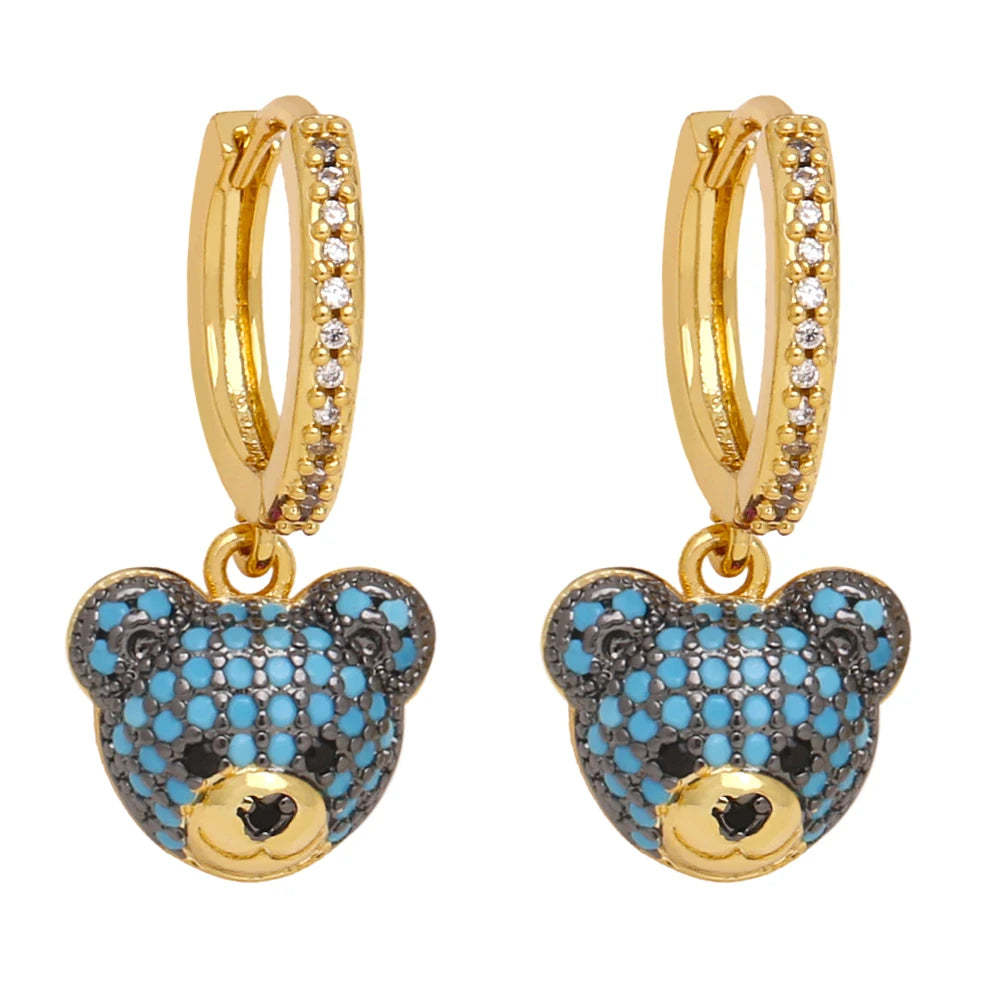 FLOLA Copper Zircon Hoops Bear Earrings for Women CZ Green Crystal Bear Dangle Earrings Gold Plated Jewelry Friends Gifts erst17