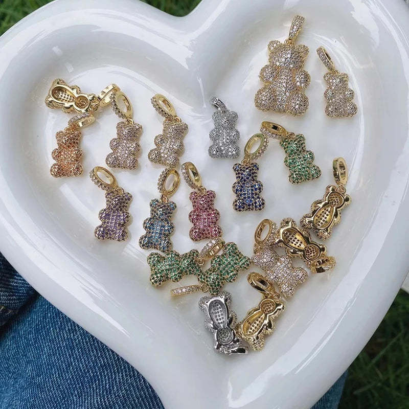 Luxury Fine Inlaid Rainbow Cubic Zironia Charm Pendant,Cute Bear Jewelry Necklace Bracelet Making Wholesale Supplies M85