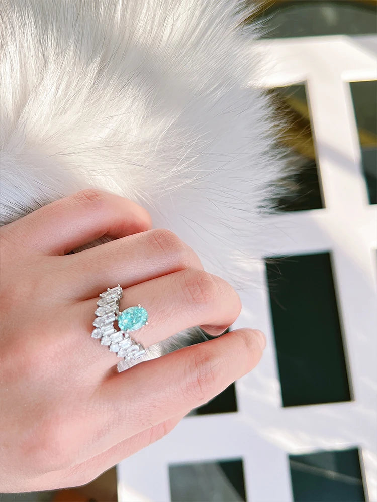 Double Row Ocean Blue Oval Cut Moissanite Diamond 18k White Gold Plated Engagement Ring-Mix MIx Style