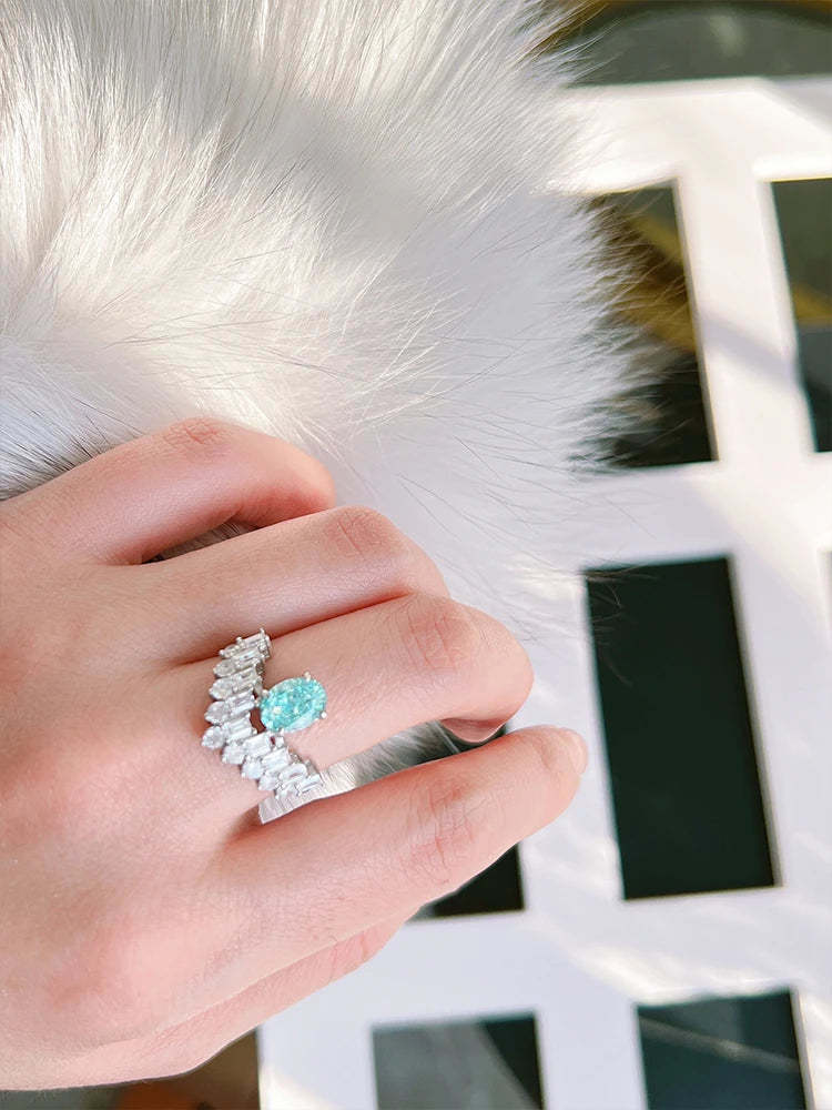 Double Row Ocean Blue Oval Cut Moissanite Diamond 18k White Gold Plated Engagement Ring-Mix MIx Style