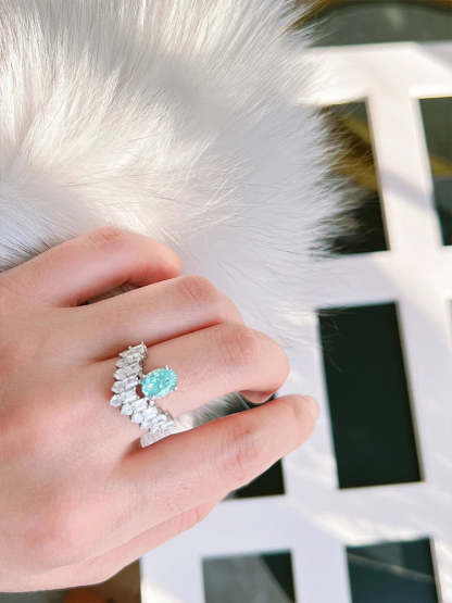 Double Row Ocean Blue Oval Cut Moissanite Diamond 18k White Gold Plated Engagement Ring-Mix MIx Style