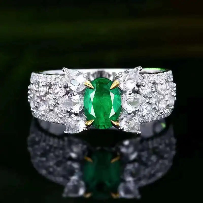 Fine Vivid Green Oval Cut Moissanite Diamondss 18k White Gold Engagement Ring-Mix MIx Style