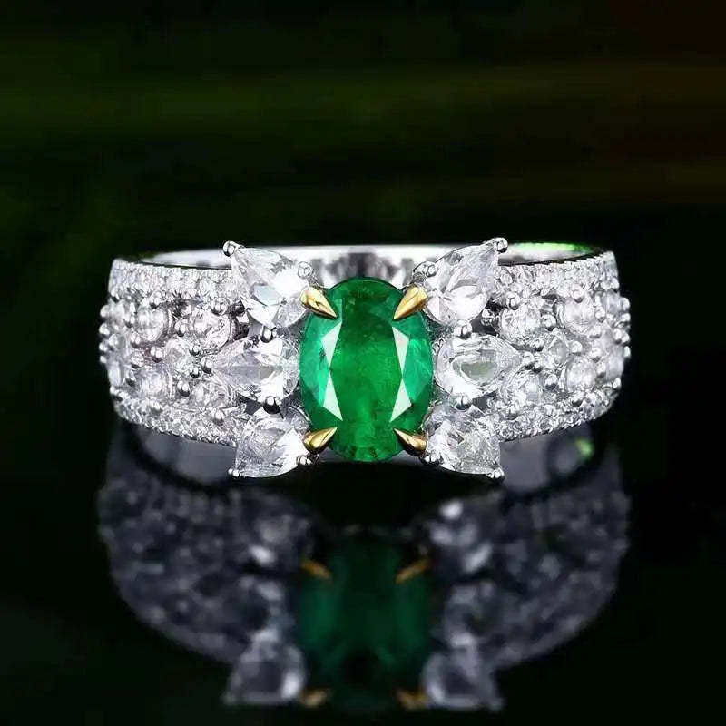Fine Vivid Green Oval Cut Moissanite Diamondss 18k White Gold Engagement Ring-Mix MIx Style