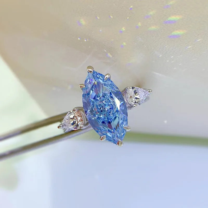 Ocean Solitarie Blue Marquise Cut Moissanite Diamond 18k White Gold Plated Engagement Ring-Mix MIx Style