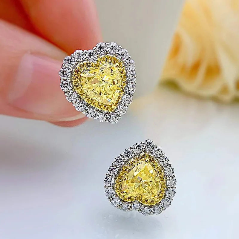 Pink - Yellow Trendy Love Heart Cut Moissanite Diamond Elegant 18k White Gold Plated Stud Earrings | Mix Mix Style