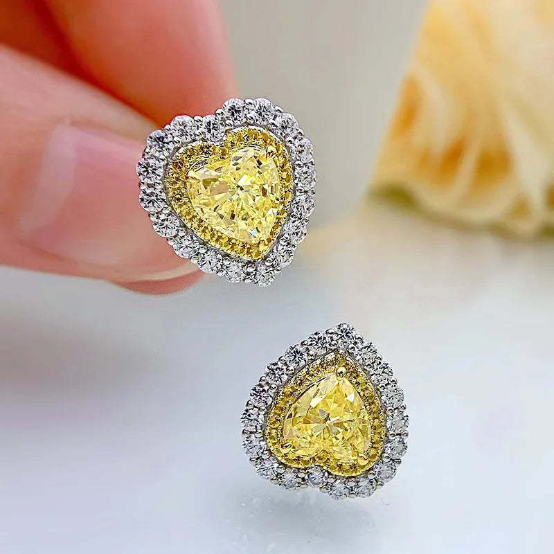Yellow Sparkle Heart Shape Cut Diamond Stud 18k White Gold Plated Earring | Mix Mix Style-Mix MIx Style