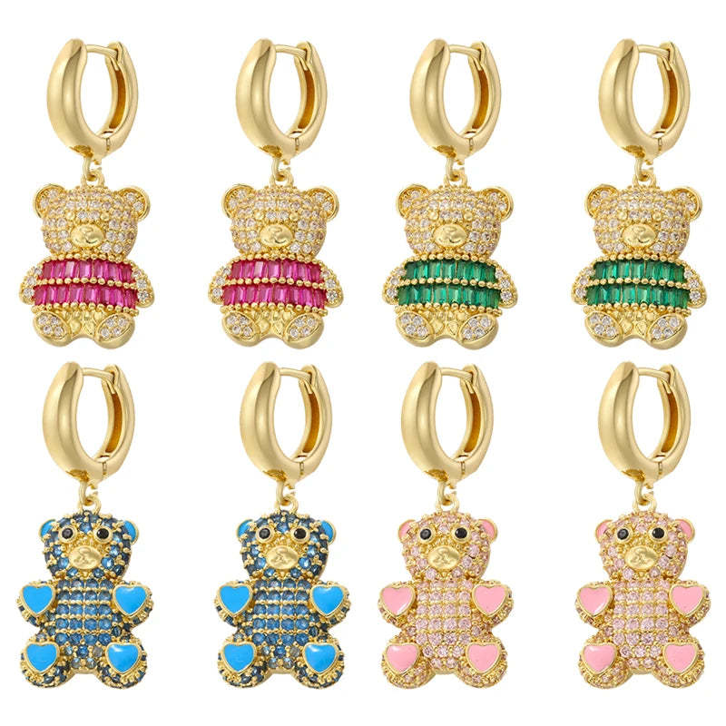 ZHUKOU Cute Bear drop earrings Rainbow cubic zirconia small hoop earrings Enamel drip oil Bear women earrings wholesale VE1141