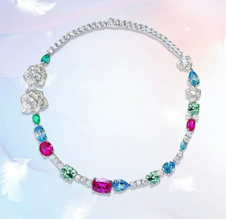 Fashionable Flower Multicolor Candy Diamonds 18k White Gold Necklace | Mix Mix Style-Mix MIx Style