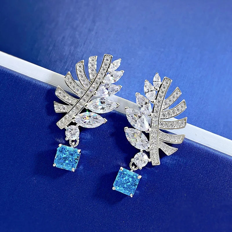 Leaf Classic Timeless Blue Cushion Cut Moissanite Diamond Elegant 18k White Gold Plated Earrings | Mix Mix Style