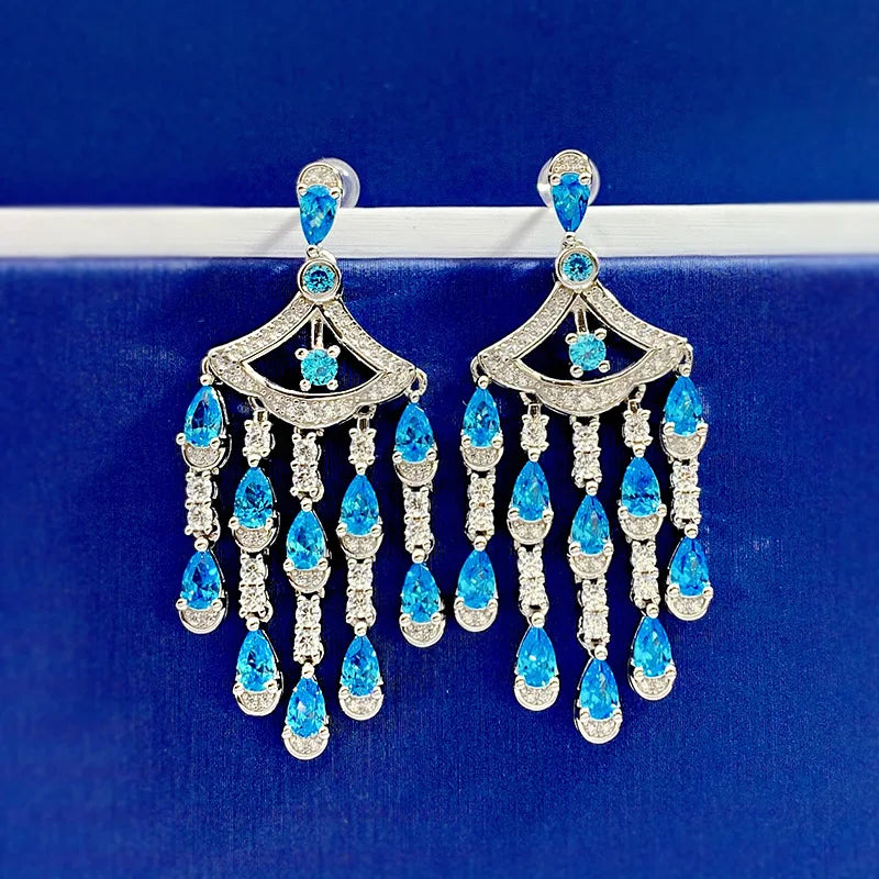 Dazzling Tassel Timeless Sea Blue Pear Cut Moissanite Diamond Luxury 18k White Gold Plated Drop Earrings | Mix Mix Style