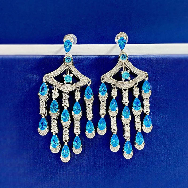 Dazzling Tassel Timeless Sea Blue Pear Cut Moissanite Diamond Luxury 18k White Gold Plated Drop Earrings | Mix Mix Style