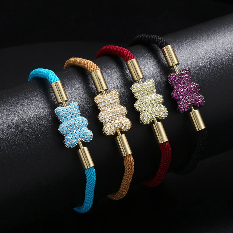 Popular Adorable Bicolor Bear Design Crystal Zircon Double Side Pendant Braided Hand Rope Bracelet Perfect Women's Jewelry Gift