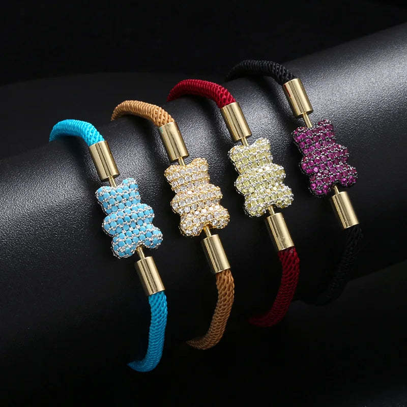 Popular Adorable Bicolor Bear Design Crystal Zircon Double Side Pendant Braided Hand Rope Bracelet Perfect Women's Jewelry Gift