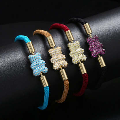 Popular Adorable Bicolor Bear Design Crystal Zircon Double Side Pendant Braided Hand Rope Bracelet Perfect Women's Jewelry Gift