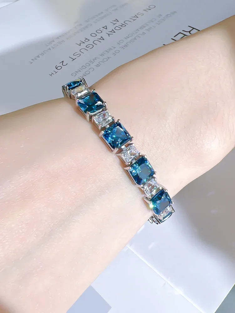 Fashion Light Luxury Blue Diamond Princess Square 18k White Gold Bracelet | Mix Mix Style-Mix MIx Style