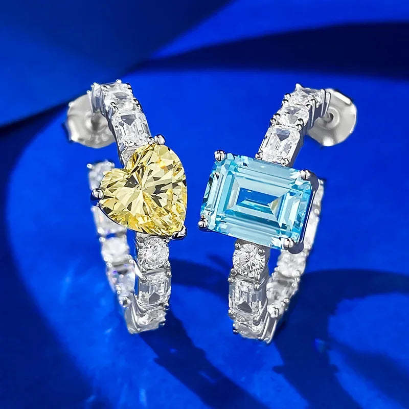 Yellow & Blue Trendy Heart Radiant Cut Moissanite Diamonds Elegant 18k White Gold Plated Hoop Earrings | Mix Mix Style