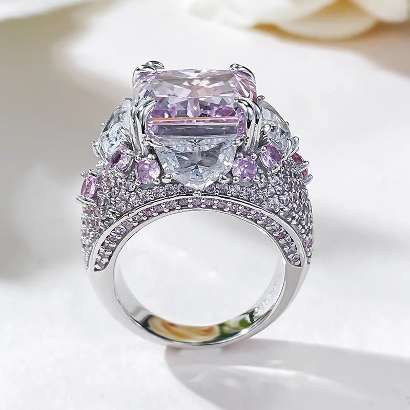 Purple Big Cushion Cut Moissanite Diamond 18k White Gold Plated Engagement Ring-Mix MIx Style