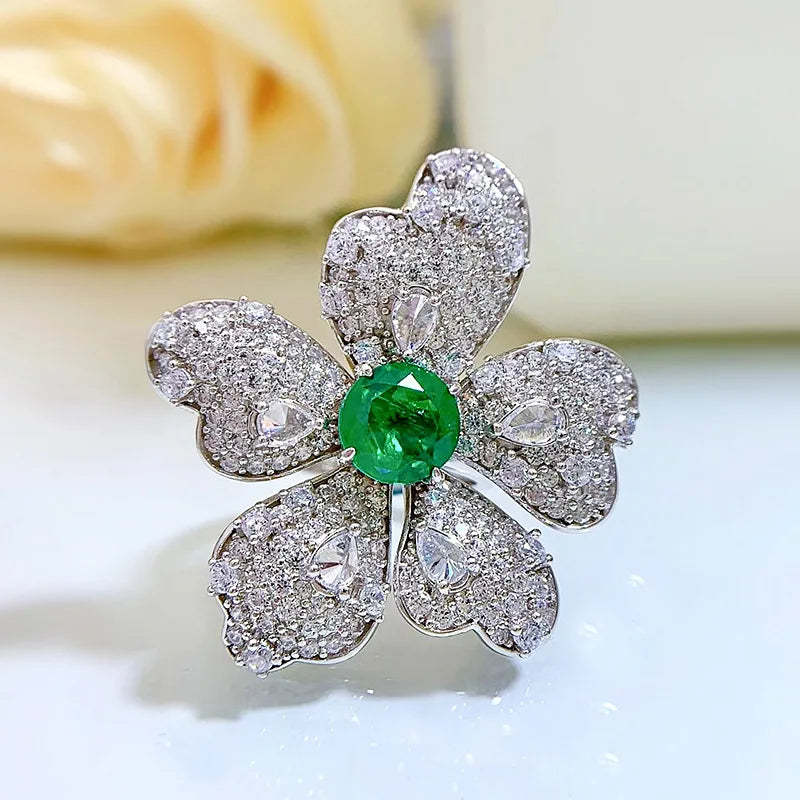 Spring Qiaoer  Vintage 100% 925 Sterling Silver Flower 8MM Emerald High Carbon Diamond Gemstone Wedding Party Ring Fine Jewelry-Mix MIx Style