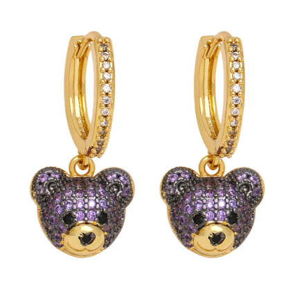 FLOLA Copper Zircon Hoops Bear Earrings for Women CZ Green Crystal Bear Dangle Earrings Gold Plated Jewelry Friends Gifts erst17