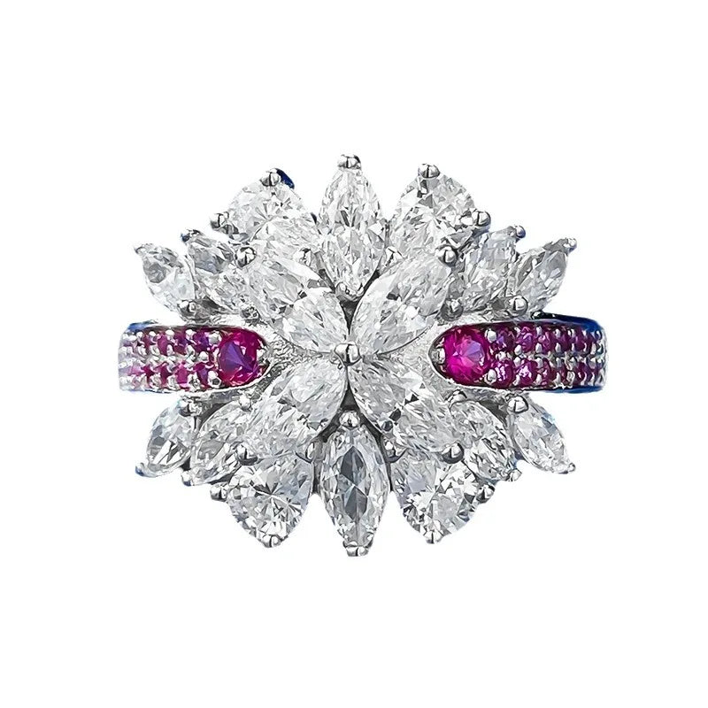 Charm Flower Ruby Diamond Ring 100% Real 925 Sterling Silver Party Wedding Band Rings for Women Bridal Engagement Jewelry