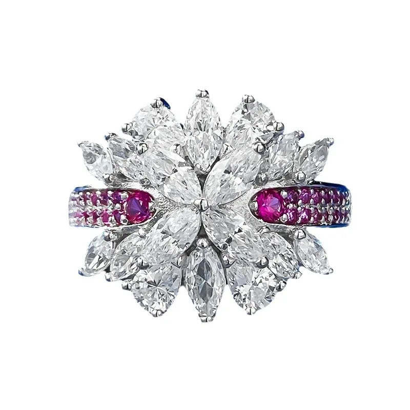 Charm Flower Ruby Diamond Ring 100% Real 925 Sterling Silver Party Wedding Band Rings for Women Bridal Engagement Jewelry