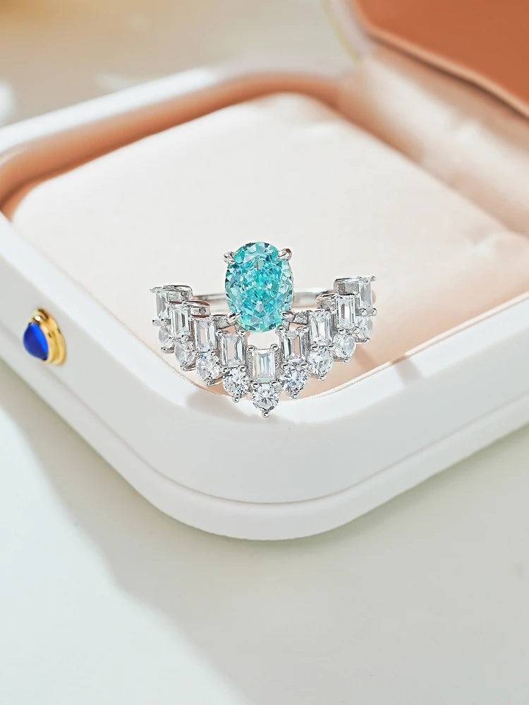 Double Row Ocean Blue Oval Cut Moissanite Diamond 18k White Gold Plated Engagement Ring-Mix MIx Style