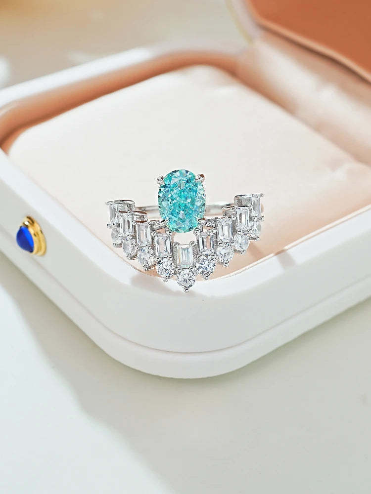 Double Row Ocean Blue Oval Cut Moissanite Diamond 18k White Gold Plated Engagement Ring-Mix MIx Style