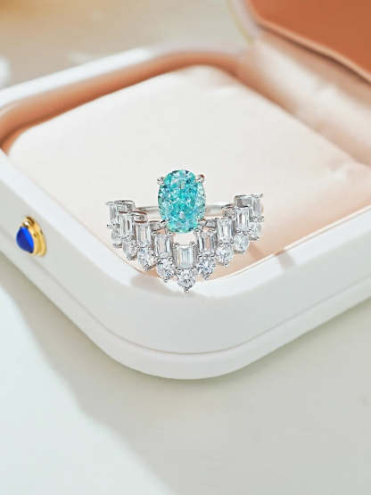 Double Row Ocean Blue Oval Cut Moissanite Diamond 18k White Gold Plated Engagement Ring-Mix MIx Style