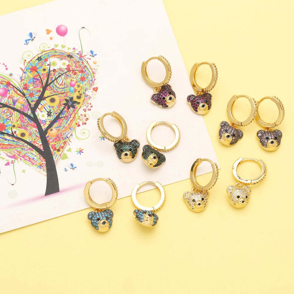 FLOLA Copper Zircon Hoops Bear Earrings for Women CZ Green Crystal Bear Dangle Earrings Gold Plated Jewelry Friends Gifts erst17