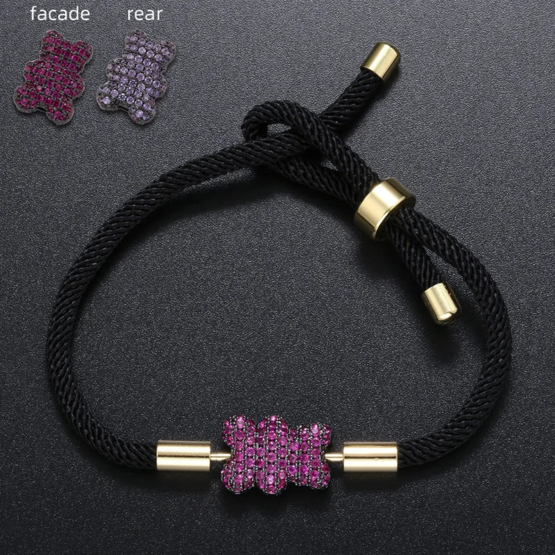 Popular Adorable Bicolor Bear Design Crystal Zircon Double Side Pendant Braided Hand Rope Bracelet Perfect Women's Jewelry Gift