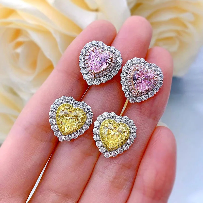 Pink - Yellow Trendy Love Heart Cut Moissanite Diamond Elegant 18k White Gold Plated Stud Earrings | Mix Mix Style